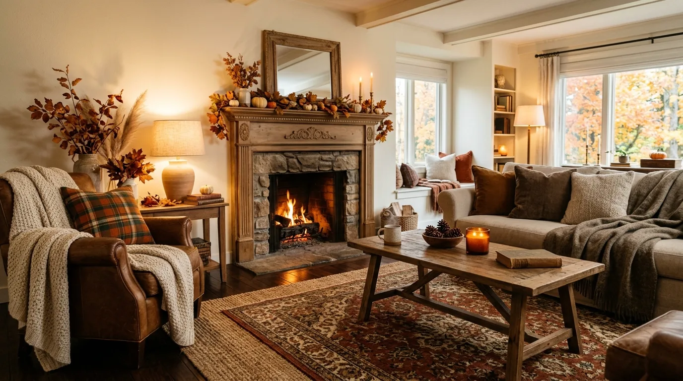 Let wood and ceramic pieces support the season naturally inspiration for an indoor fall living space.